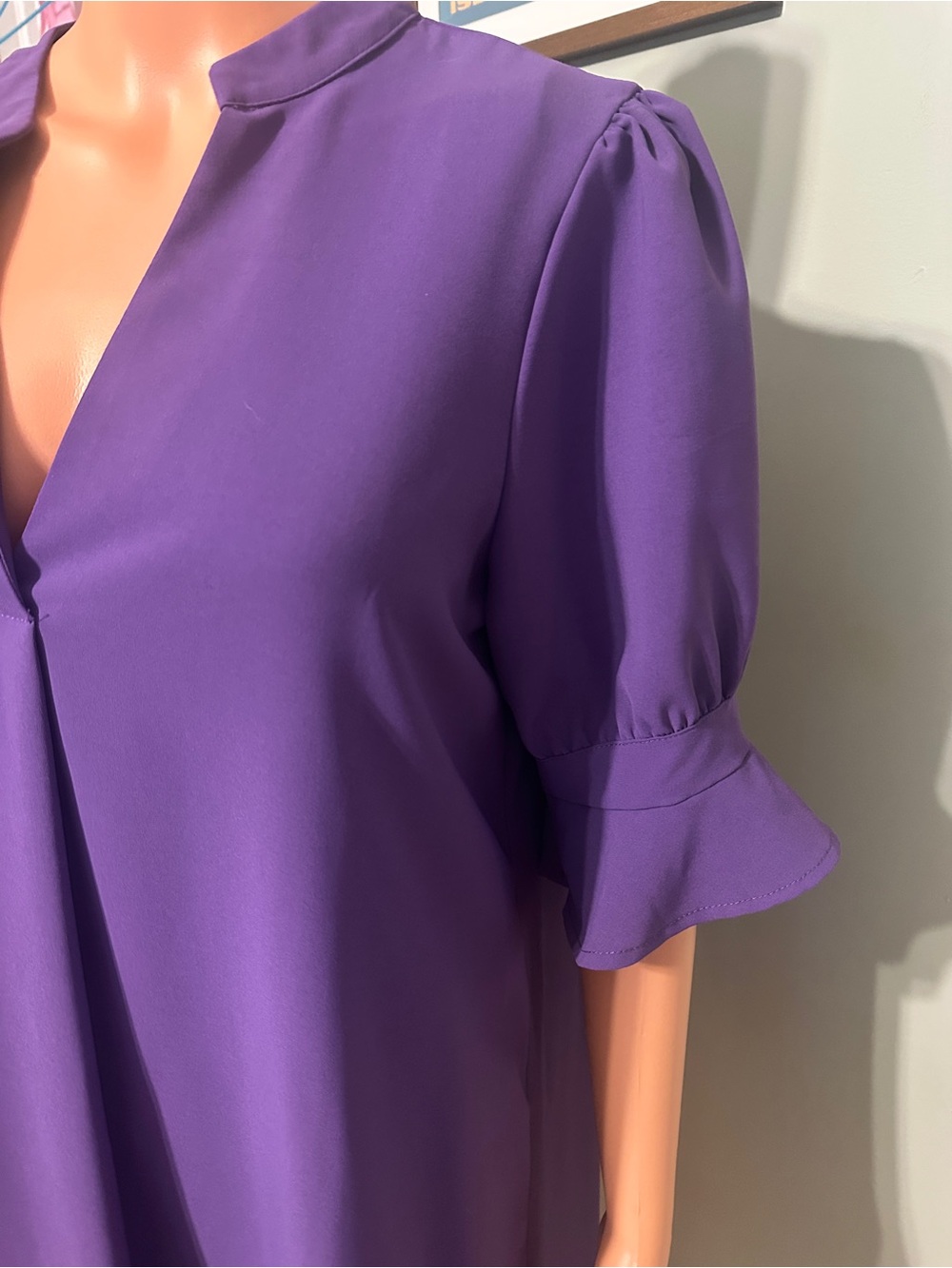 V-Neck Ruffle Sleeve Shift Dress - Purple - Picture 12 of 14